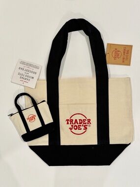 Trader Joe's Navy Blue & Cream Mini & Micro Canvas Tote Bag Bundle Set